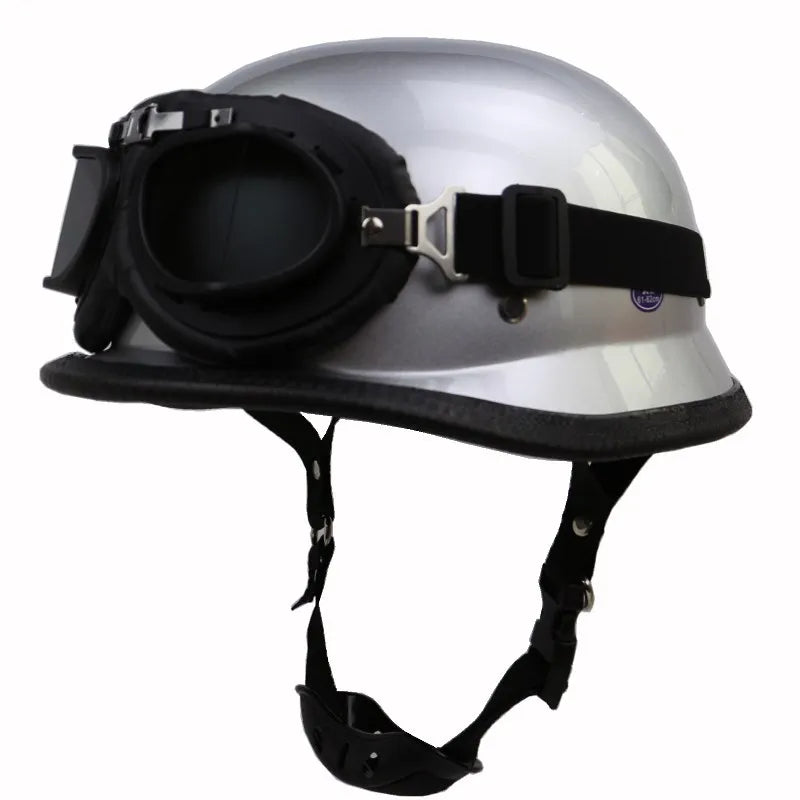 Vintage WWII German Style Motorcycle Helmet Moto Scooter Vintage Chrome Silver Color Half Face Biker Motorbike Crash Moto Helmet