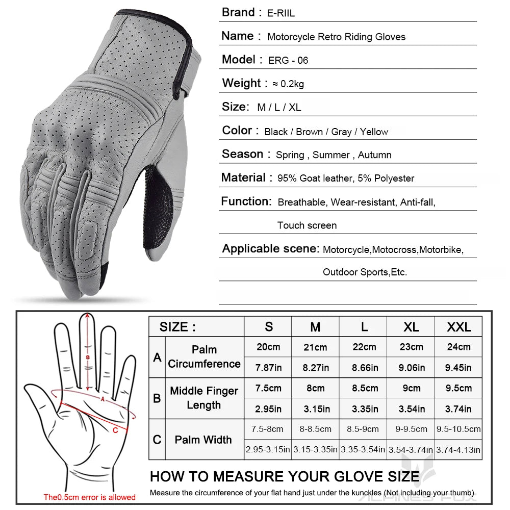 Retro Motorcycle Leather Gloves Perforated Summer Breathable Touch Screen Motobike Cycling Accessories Full Finger Protective