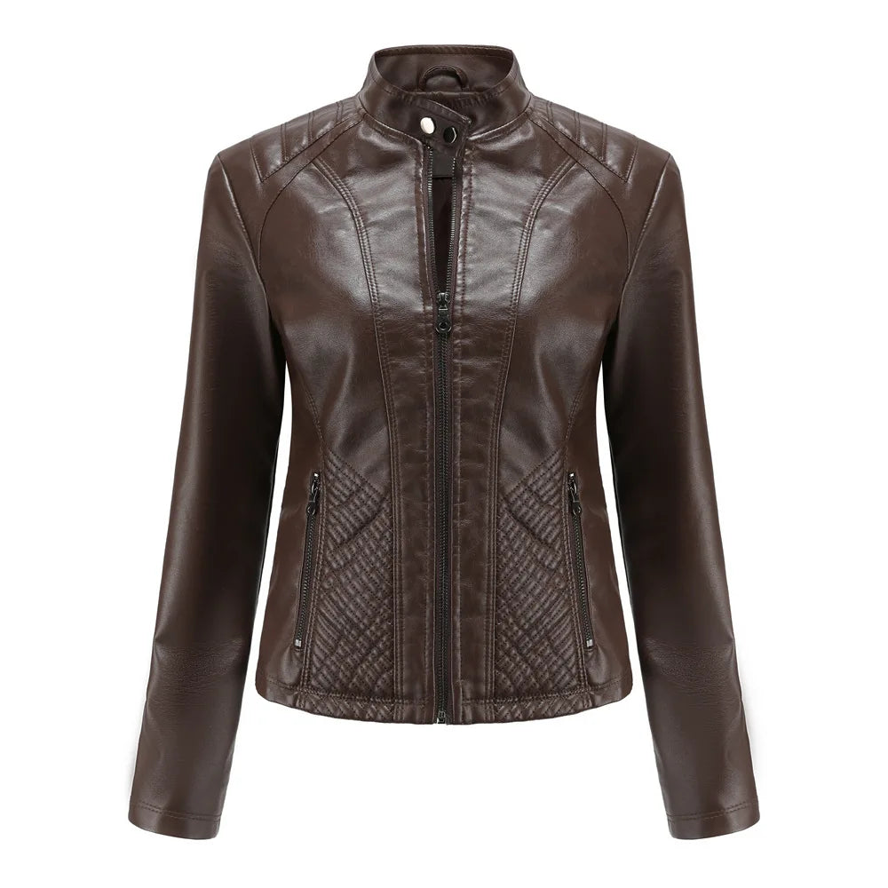 Women's Long Sleeved Zipper Motorcycle Jacket, Casual Leather Jacket, Simple and Trendy Clothing, Autumn and Winter popular