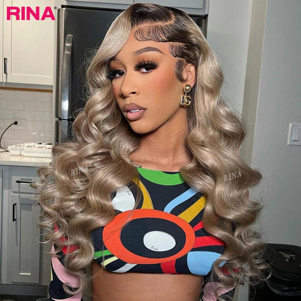 13x6 Ombre Blonde With Root Colored Lace Front Wigs For Women Human Hair Body Wave Ombre Ash Blonde Lace Frontal Wig