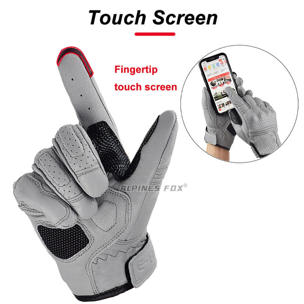 Retro Motorcycle Leather Gloves Perforated Summer Breathable Touch Screen Motobike Cycling Accessories Full Finger Protective