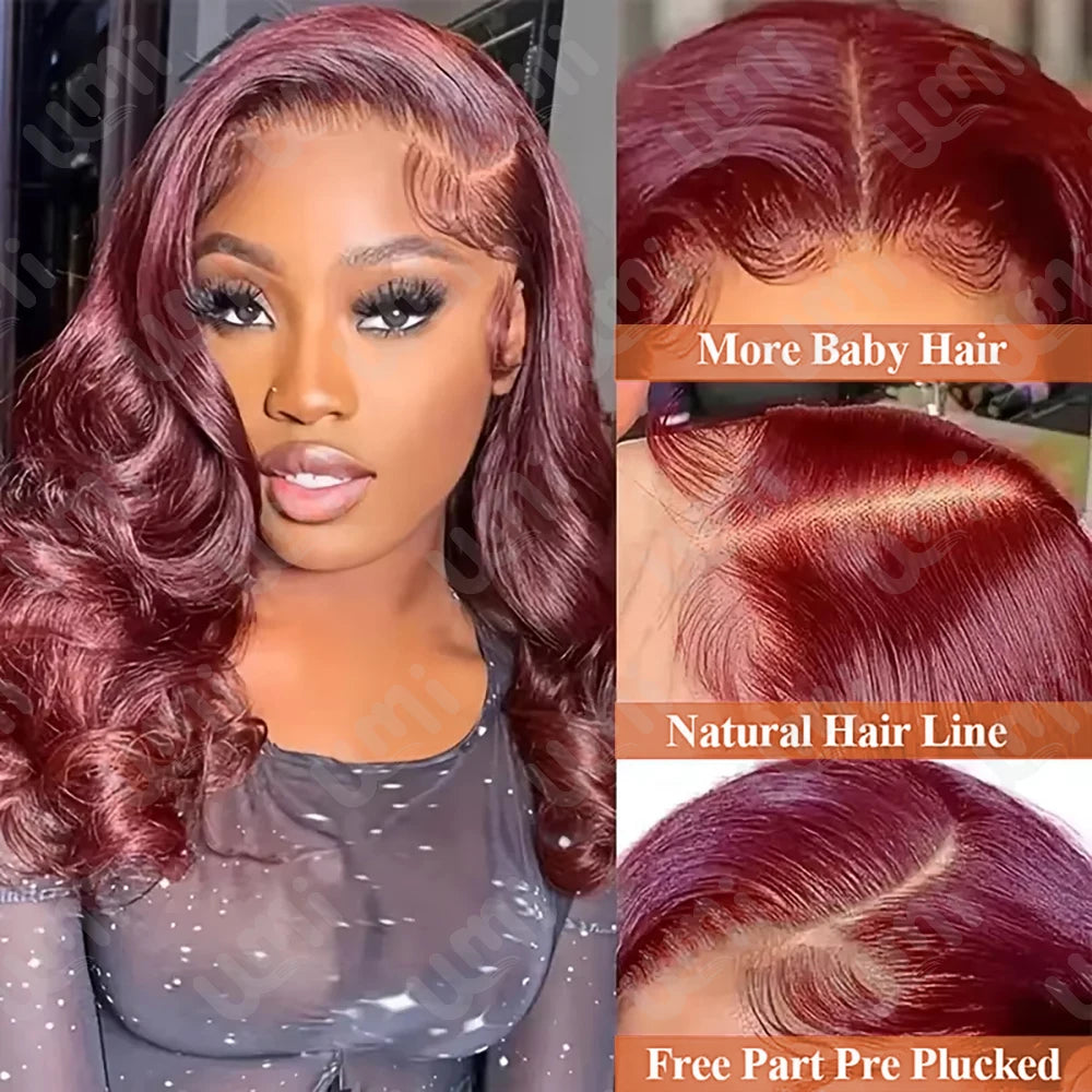 Umi 13x4 Burgundy 99J 200% Density Body Wave Short Bob Lace Frontal Wig Red Remy Human Hair Pre plucked HD Transparent Lace Wigs