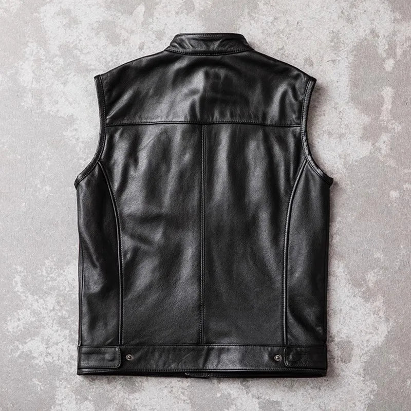 Men Real Leather Vest Motorcycle Biker High Quality Vest Genuine Leather Cowhide Sleeveless Jackets Waistcoat Stand Collar 5XL