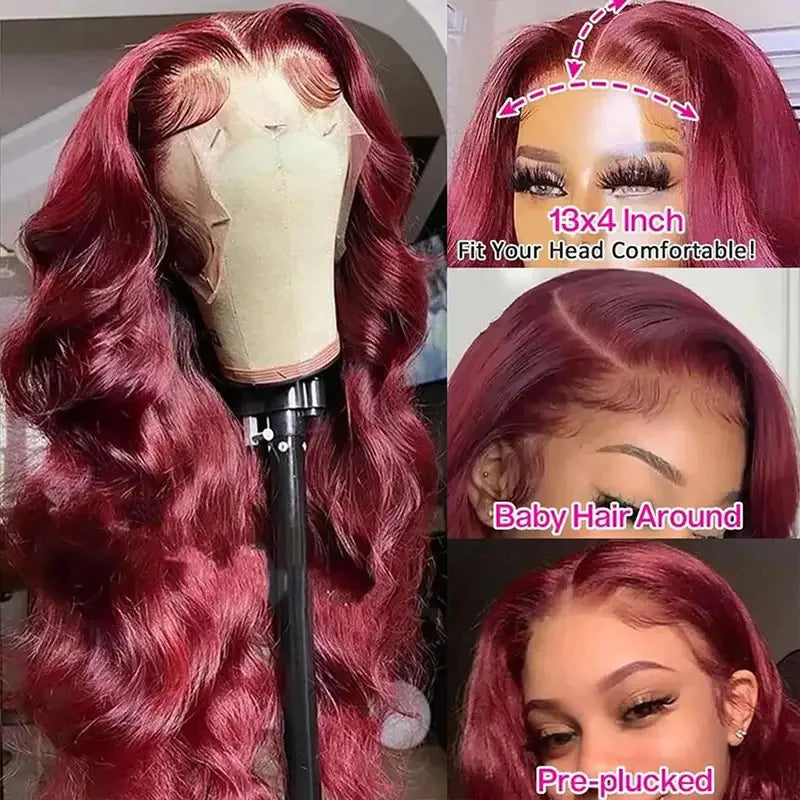 250% Density Body Wave Wig Burgundy 99J Lace Front Wig 13x4 HD Lace Frontal Wig Human Hair Pre Plucked 99j Red Colored Wig