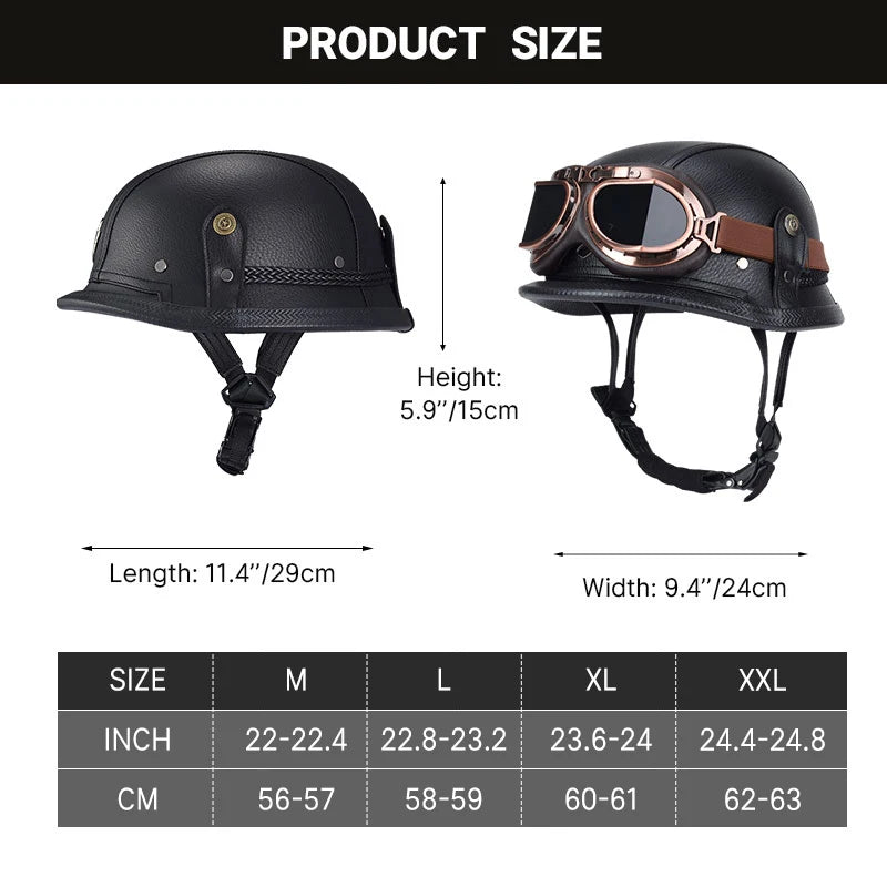 Classical German Style Leather Women and Men Half Face Motorcycle Helmets With Copper Googles Capacete De Moto Masculino DOT