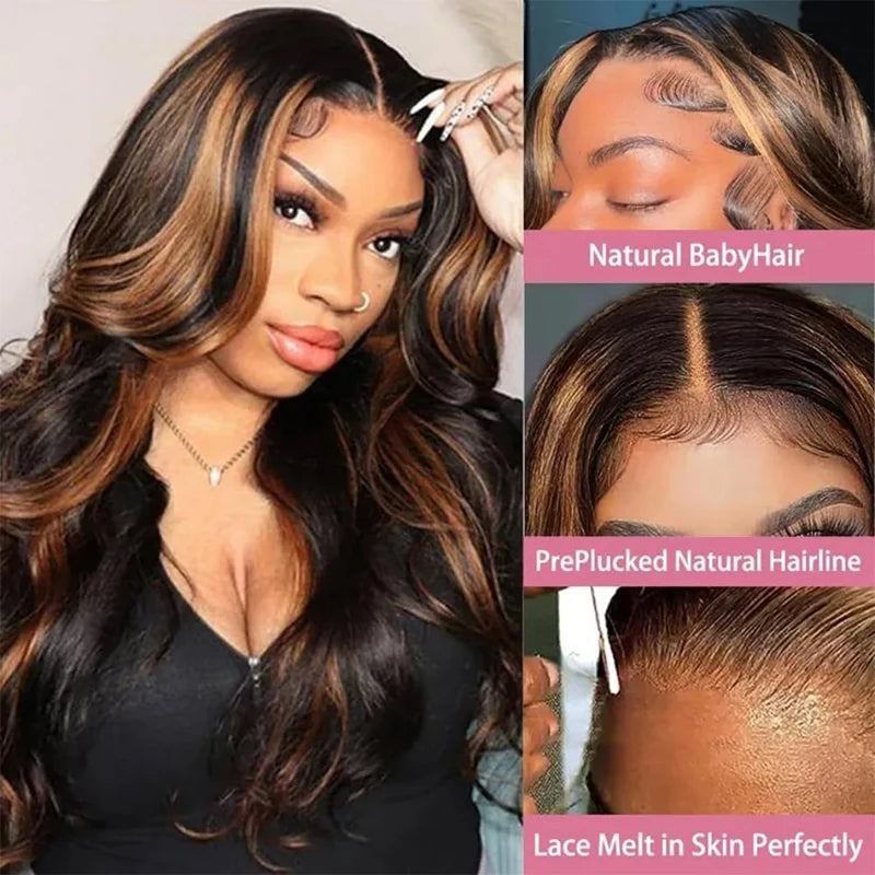 Brazilian P1B/30 Body Wave 220% Density 13x6 Transparent HD Lace Front Wigs Colored Highlight 100% Human Hair Wigs Pre Plucked