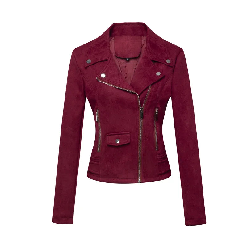 Women Vintage Suede Biker Jacket Slim Fit Short Motorcycle Coat Fashion Ladies Faux Leather Moto Jacket For Casual Ridin