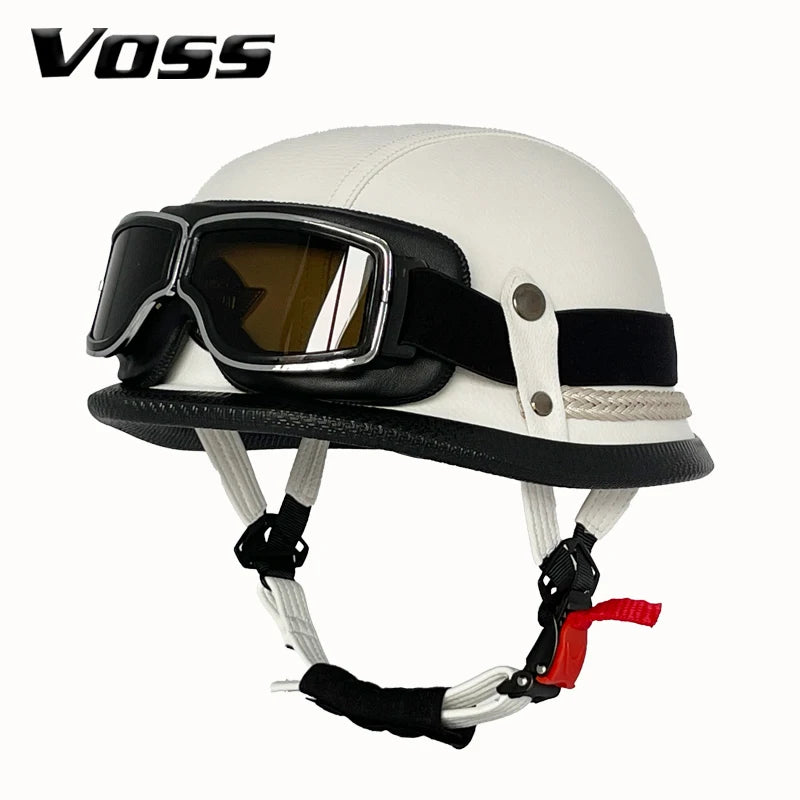 Vintage leather WWII-style black riding helmet, unisex open-face half helmet for German motorcycles, factory direct sales.