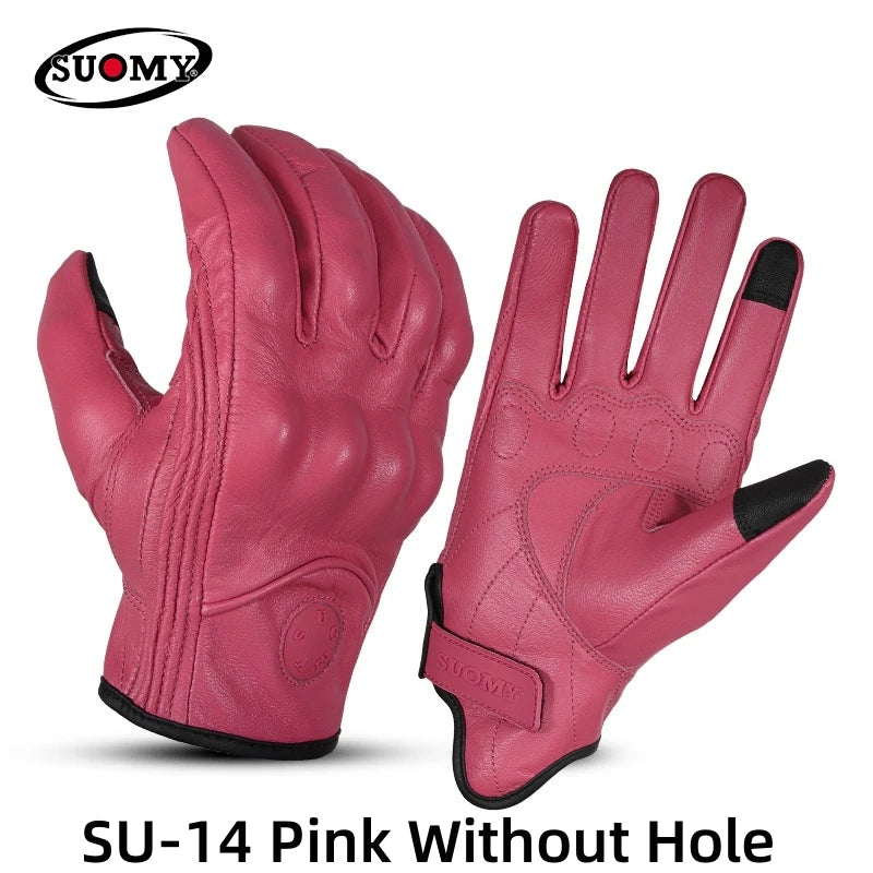 Retro Leather Motorcycle Gloves Riding Anti-fall Moto Gloves Classic Pink/Yellow/Black Leather Breathable Summer Gloves