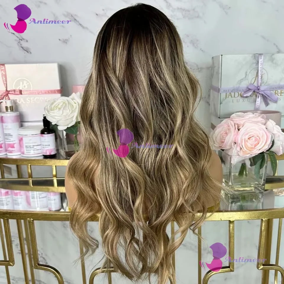 Light Blonde Brown Highlight Glueless 5x5 Silk Top Human Hair Lace Front Wigs Bleached Knots Brazilian Brown Root Full Lace Wig