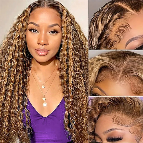 4/27 Honey Blonde Deep Wave 13x4 Lace Front Wig Human Hair for Women Brazilian 180% Density Deep Wave Pre Plucked with Baby Hair