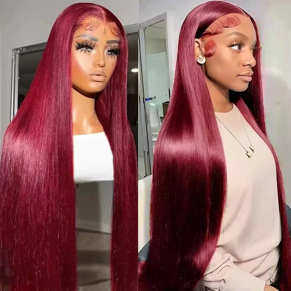 99J Red Burgundy Colored Lace Frontal Human Hair Wigs 13X6 HD Straight Lace Front Wig 200 Density Pre Plucked Human Hair Wig