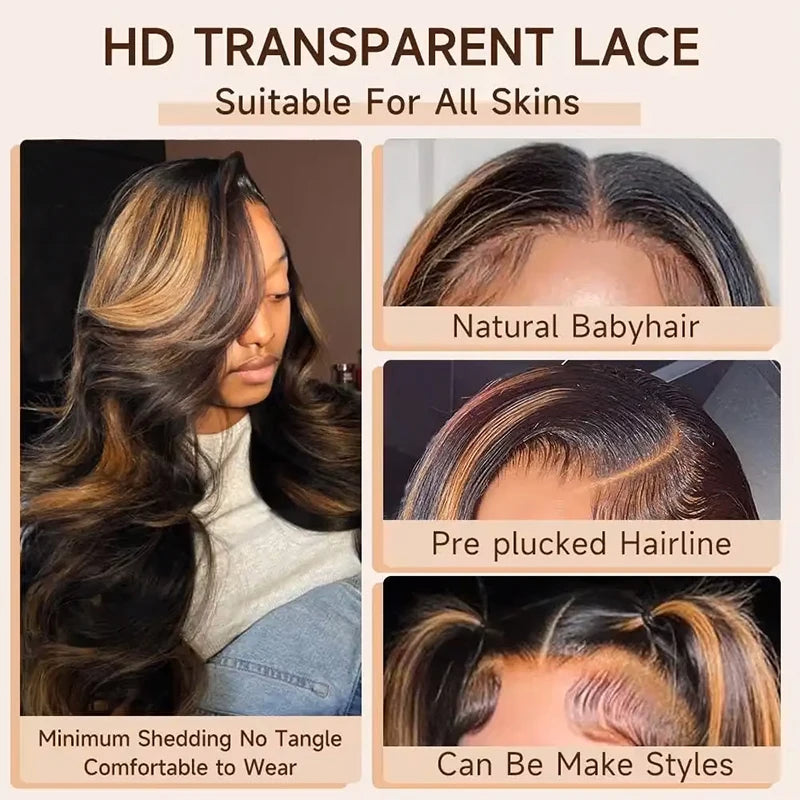 Brazilian P1B/30 Body Wave 220% Density 13x6 Transparent HD Lace Front Wigs Colored Highlight 100% Human Hair Wigs Pre Plucked