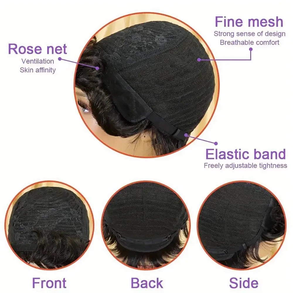 Brazilian Afro Puff Pixie Bob Wig Natural Full Machine Made Pre-Plucked Bangs 100% Human Hair For Black Women