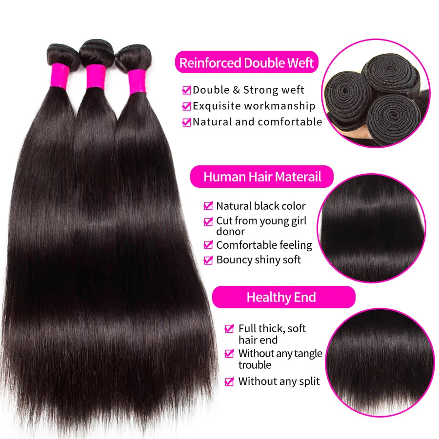 Remy Straight Human Hair Bundles 1/3/4 PCS Natural Black Brazilian Hair Weave Bundles 14-30 Inch Human Hair Extensions