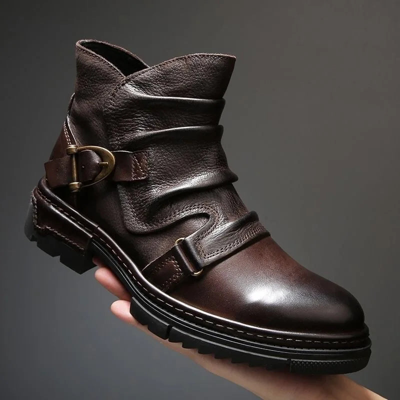 HOT Handmade Motorcycle Riding Shoes Casual Genuine Leather Chelsea Boots for Men Retro Fashion Buckle Zip Short Moto Boots