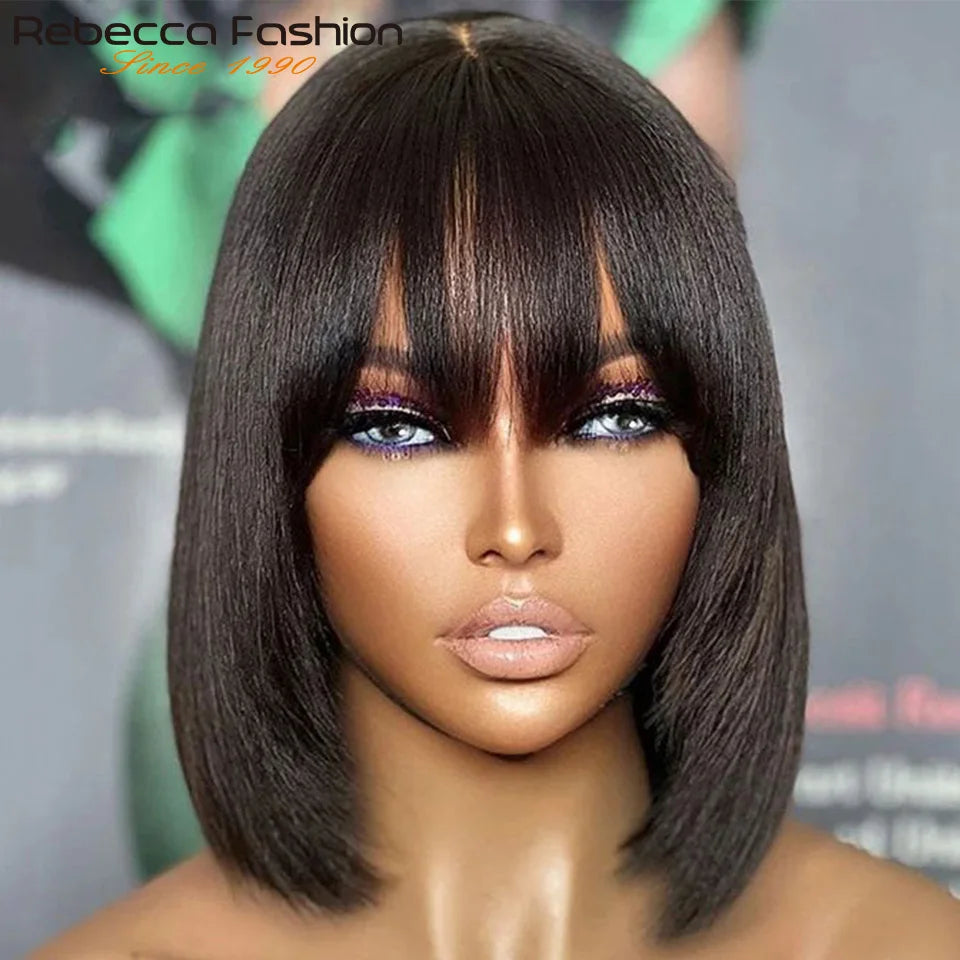 Straight Human Hair Wigs With Bangs Fringe Middle Part Bob Lace Wigs Realistic Scalp Brazilian Straight Bob Lace Wigs With Bangs