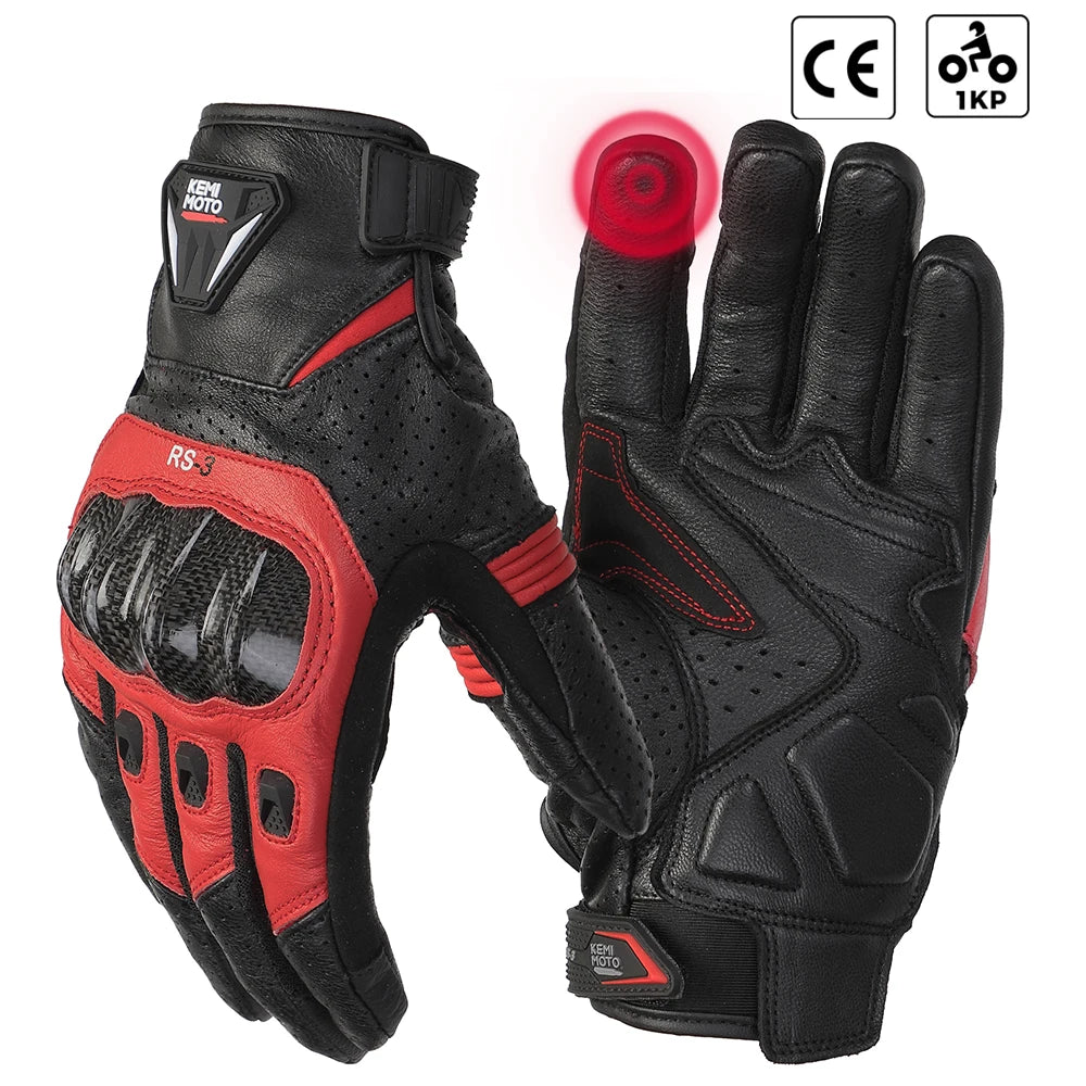 KEMITOUR Leather Motorcycle Gloves CE Men's Retro Moto Gloves Touch Screen Carbon Protective Motorbike Breathable For Summer