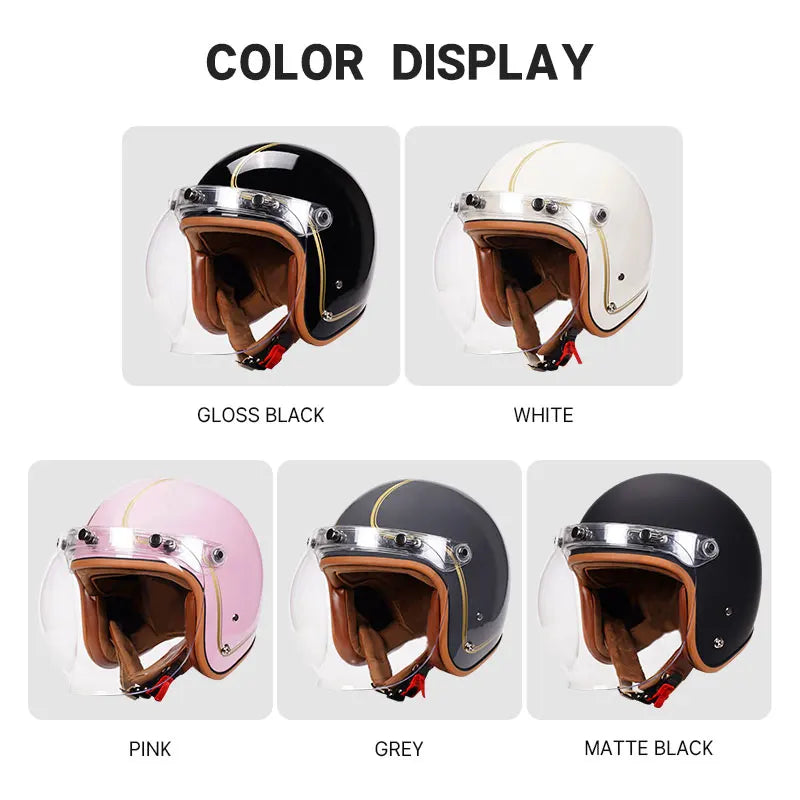 3/4 Open Face Helmet with Bubble Visor Three Button Half Helmet Sun Visor Retro Motorcycle Jet Helmets Men Women DOT Approved
