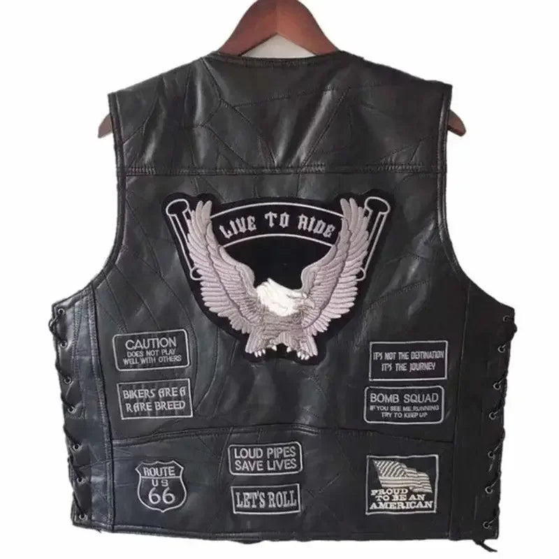 Style Harley Motorcycle Riding Men's Vest Shoulder PU Leather Dark Series Embroidered Badge Designb;4.f'7;j,3'
