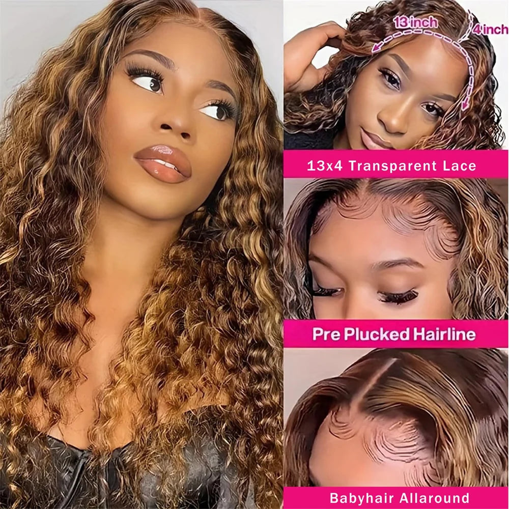 4/27 Honey Blonde Deep Wave 13x4 Lace Front Wig Human Hair for Women Brazilian 180% Density Deep Wave Pre Plucked with Baby Hair