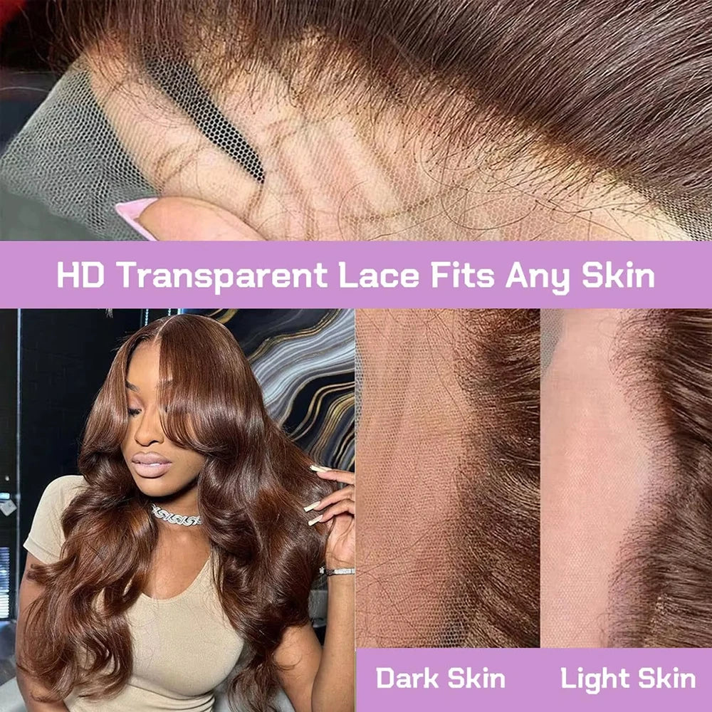 13x6 Chocolate Brown Body Wave Lace Front Wig Transparent Lace Frontal Wig Human Hair Preplucked Colored Human Hair Wigs 200%