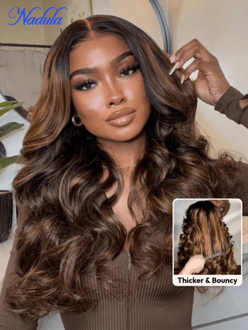 Nadula Balayage Highlights Glueless Wigs 100% Brazilian Body Wave Human Hair Wigs 7x5 Bye Bye Slip™ Wig with Invisi Drawstring