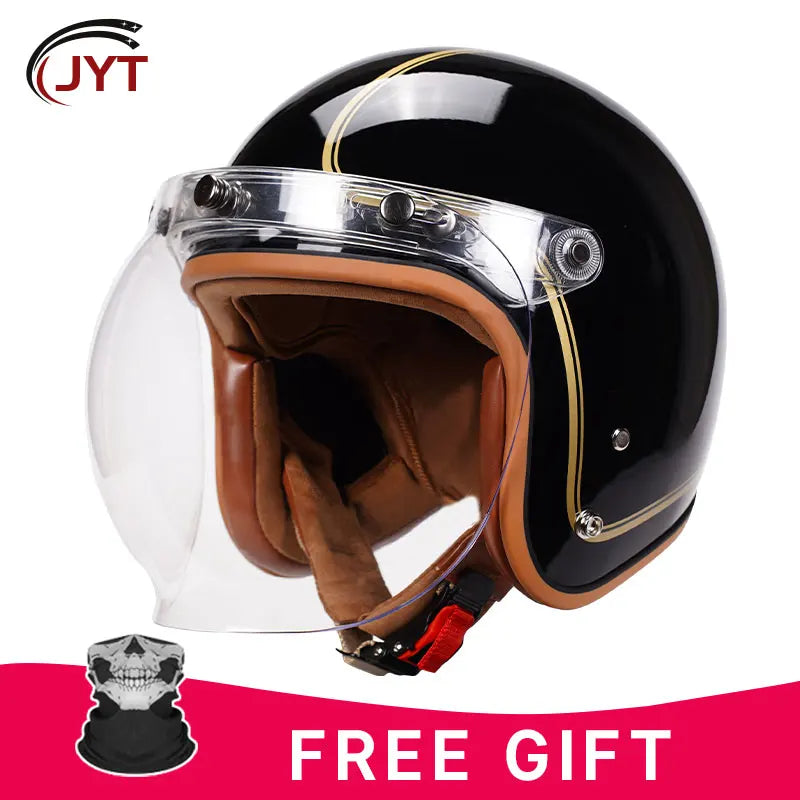 3/4 Open Face Helmet with Bubble Visor Three Button Half Helmet Sun Visor Retro Motorcycle Jet Helmets Men Women DOT Approved