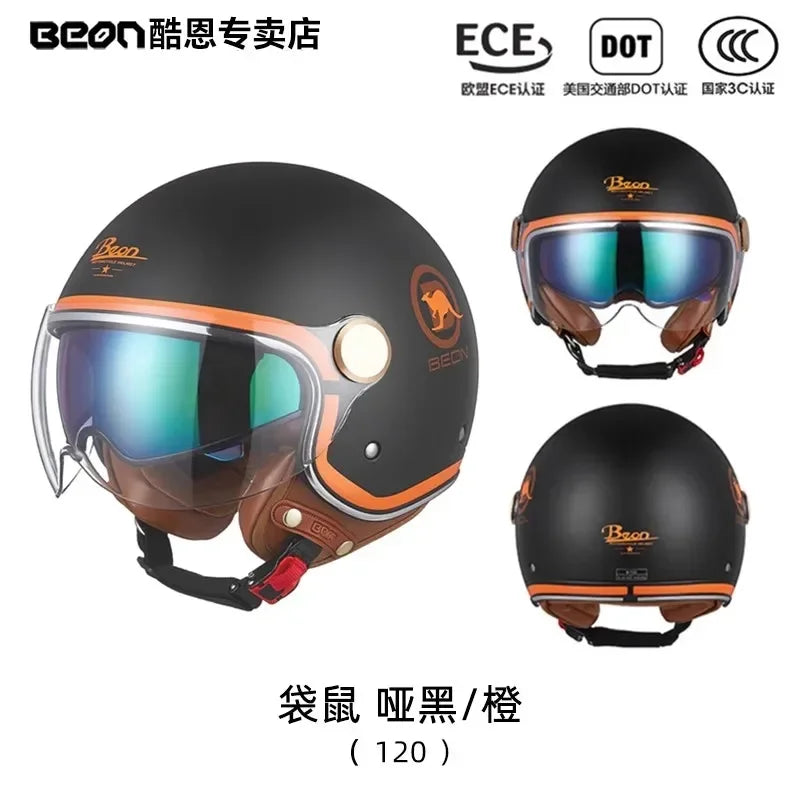 BEON Motorcycle Retro Style Helmet Electric Bike Riding Three-quarters Half Helmet Lightweight Dual Lens Safety Helmet