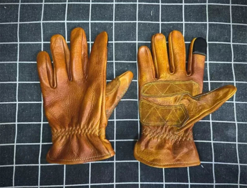 Handmade Genuine Leather Retro Motorcycle Gloves Full Finger Touch Screen Knuckle Protection Racing Riding Motorcycle Gear