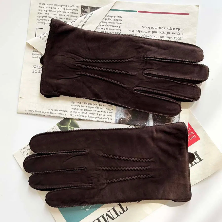 Men Retro Sheepskin Suede Leather Gloves Winter Warm Full Finger Dark Brown Gloves Riding Motorcycle Gloves