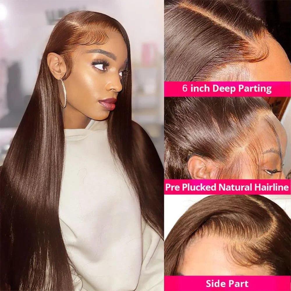 30 36 Inch Chocolate Brown 13x4 Straight Human Hair Lace Front Wig Brazilian Colored 13X6 Transparent Lace Frontal Wig For Women