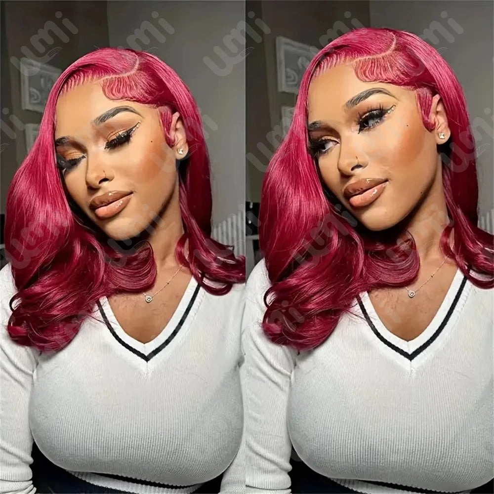 Umi 13x4 Burgundy 99J 200% Density Body Wave Short Bob Lace Frontal Wig Red Remy Human Hair Pre plucked HD Transparent Lace Wigs