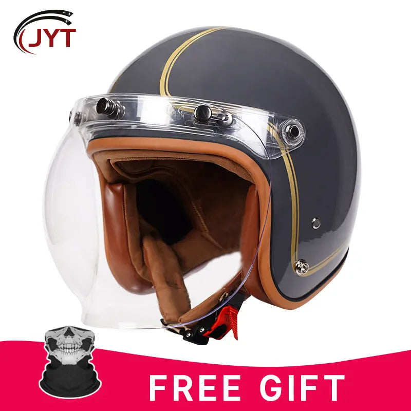 3/4 Open Face Helmet with Bubble Visor Three Button Half Helmet Sun Visor Retro Motorcycle Jet Helmets Men Women DOT Approved