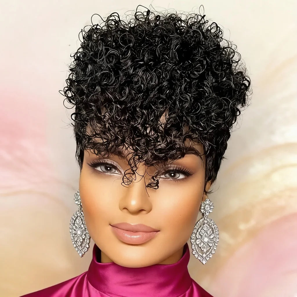 Natural Black Short Pixie Cut Wig Curly Human Hair Wig with Pre Plucked Bangs for Women Brazilian Hair Machine Made Wig
