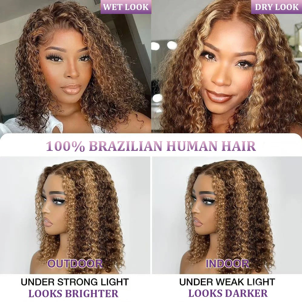 Highlight Color Short Bob Wig Deep Culry 13x4 Lace Frontal Human Hair Wigs 220% Density #4/27 Highlight Brown Deep Curly Bob Wig