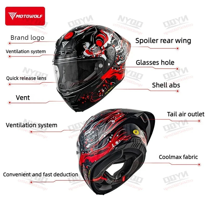 MOTOWOLF H1 Motorcycle Full Face Helmet Big Tail Lightweight All Seasons Racing Helmet Cascos Para Moto For Men Women