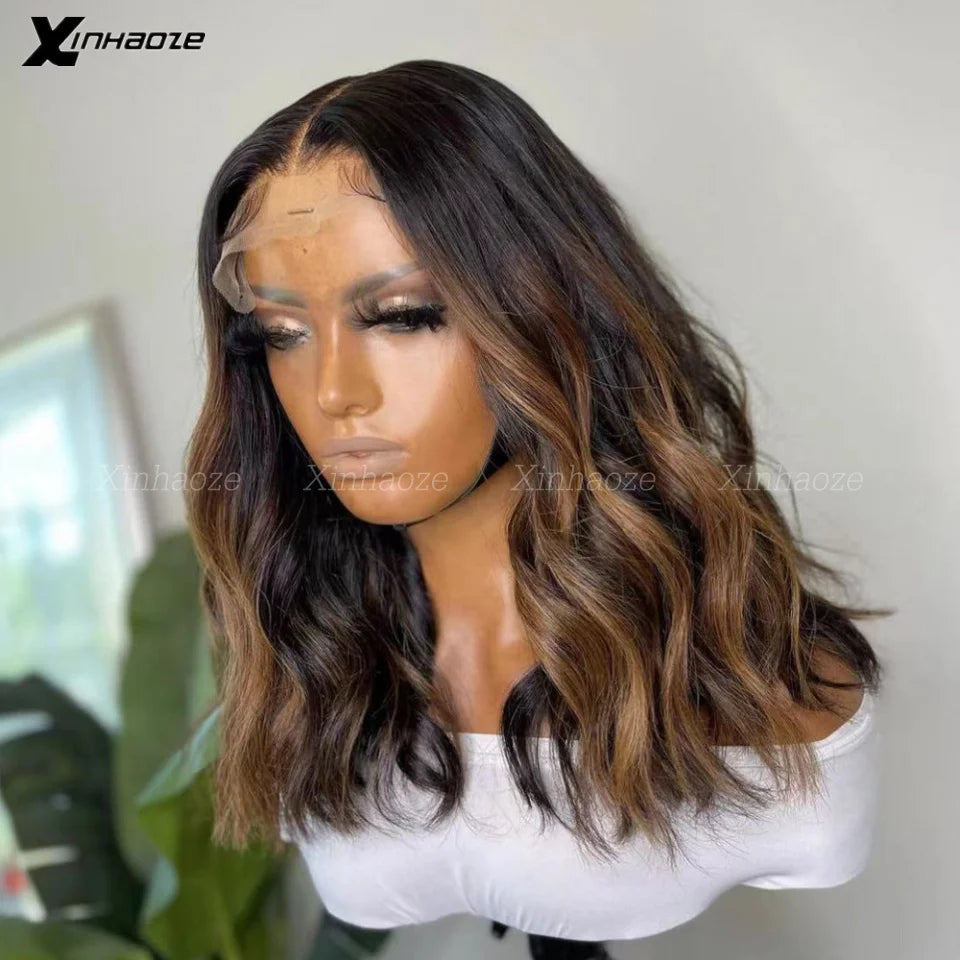 Short Bob Natural Wave Wig 13x6 Lace Frontal Wigs Dark Brown Highlight Wig Human Hair for Women Remy Hair 5x5 Silk Base Top Wigs