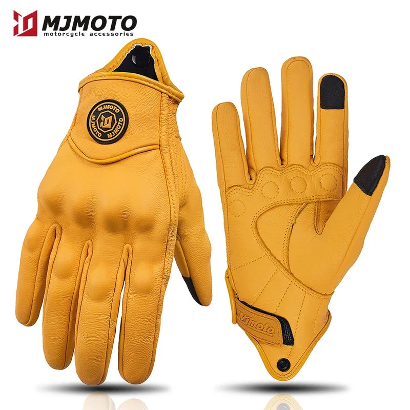 MJMOTO New Yellow Retro Motorcycle Riding Gloves Breathable Comfort Offroad Luvas Joint Protection Motorbike Glove Touchscreen