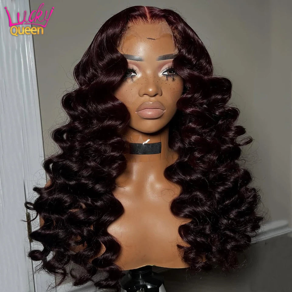 Loose Wave Dark Burgundy 7X5 Glueless #99J 180 Density Pre Plucked Transparent Brazilian 100% Human Hair Wigs 13X6 Lace Frontal
