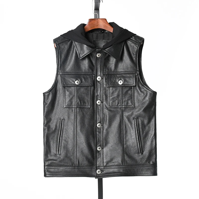 New Men's Genuine Leather Vest with Hood Denim Sle Motorcycle Jaet Youthful Springtime Faion Straight Hemline ort Length