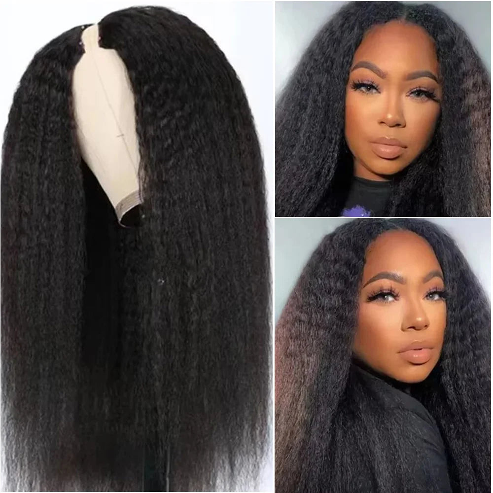 V Part Kinky Straight Wig Human Hair For Women 200% Density Beginnger Friendly Upgraded U Part  Wigs In Natural Color 12-32 Inch
