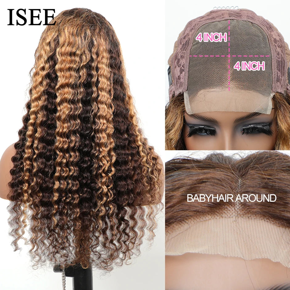 Ombre Deep Wave Frontal Wig 4/27 Highlight Human Hair Wigs Brazilian Deep Wave Lace Wig ISEE HAIR 4X4 Lace Closure Wig For Women
