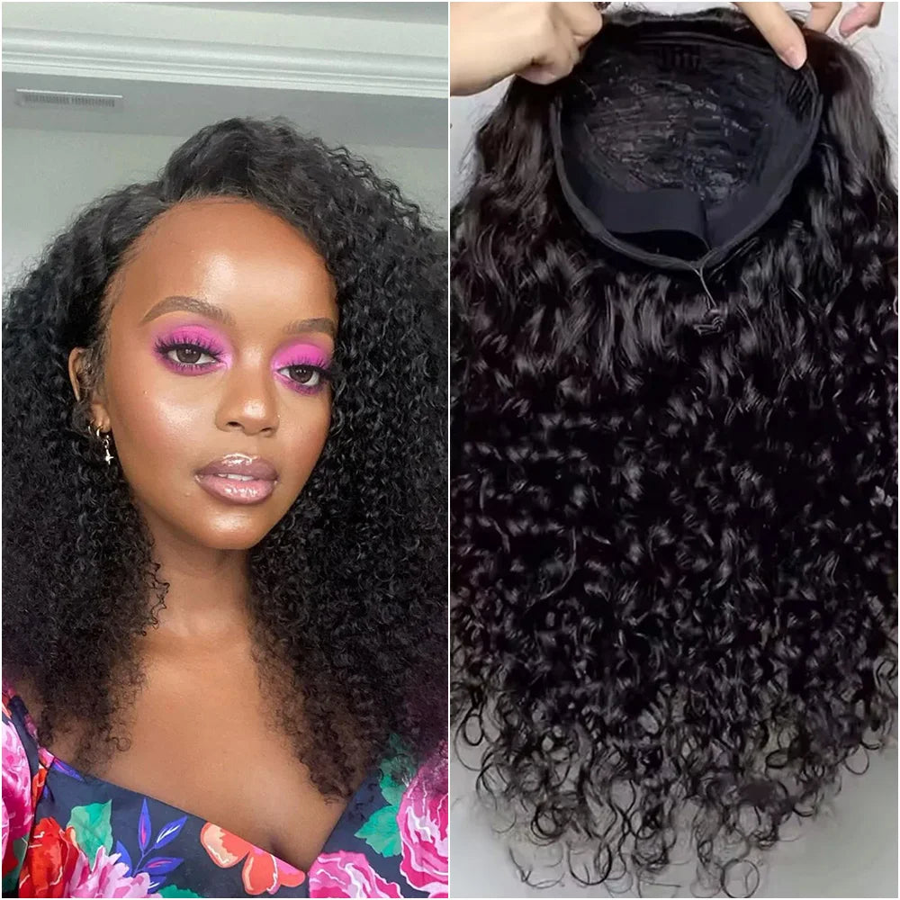 Curly Human Hair 3 IN 1 Half Wig Deep Wave Water Wave With Drawstring Flip Over Glueless Half Wigs For Women 200% Density
