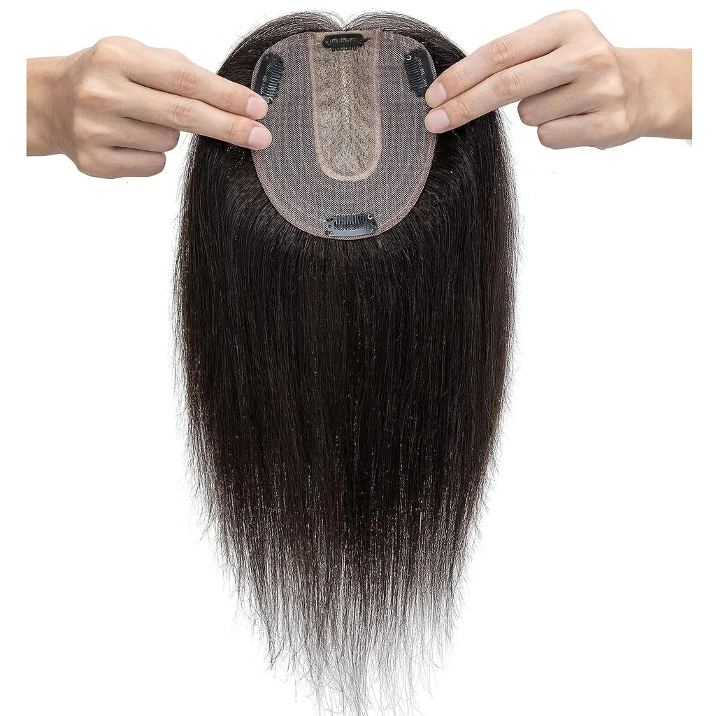 Women Topper Human Hair Straight Silk Top Human Hair Wigs Machine Made Clip in Remy Hair Toupee Silk Base Human Hair System Unit