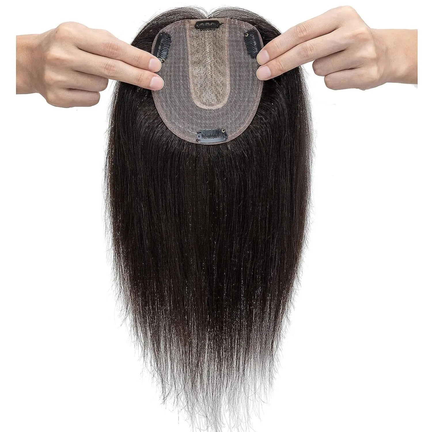 Women Topper Human Hair Straight Silk Top Human Hair Wigs Machine Made Clip in Remy Hair Toupee Silk Base Human Hair System Unit