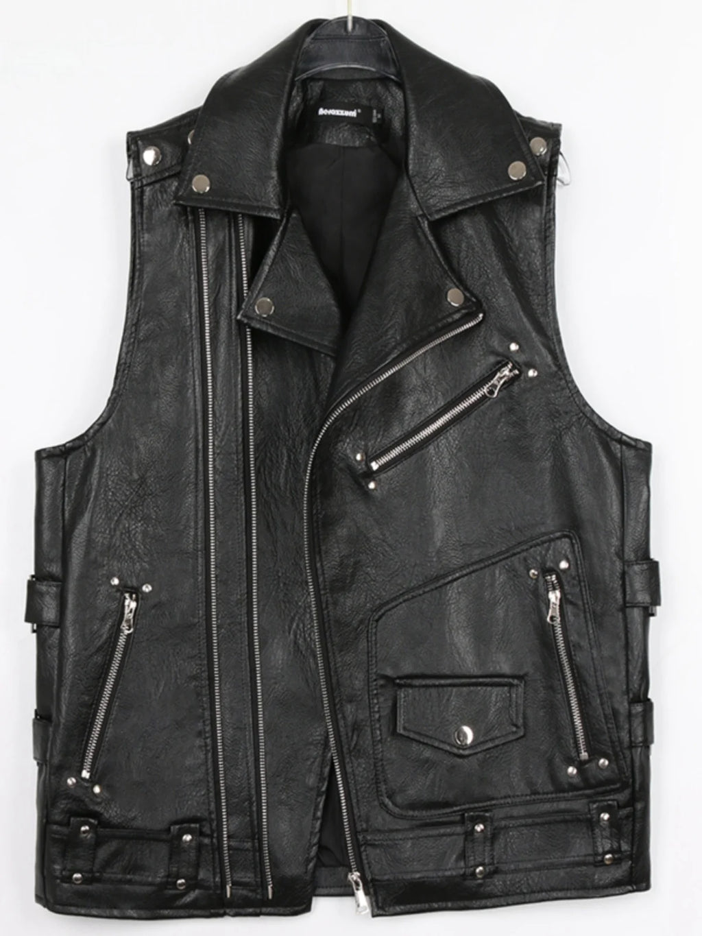 Nerazzurri Black Motorcycle PU Leather Vest Riding Suit Cool Stylish Boyfriend Style Commuter Wind with Pockets Regular Fit