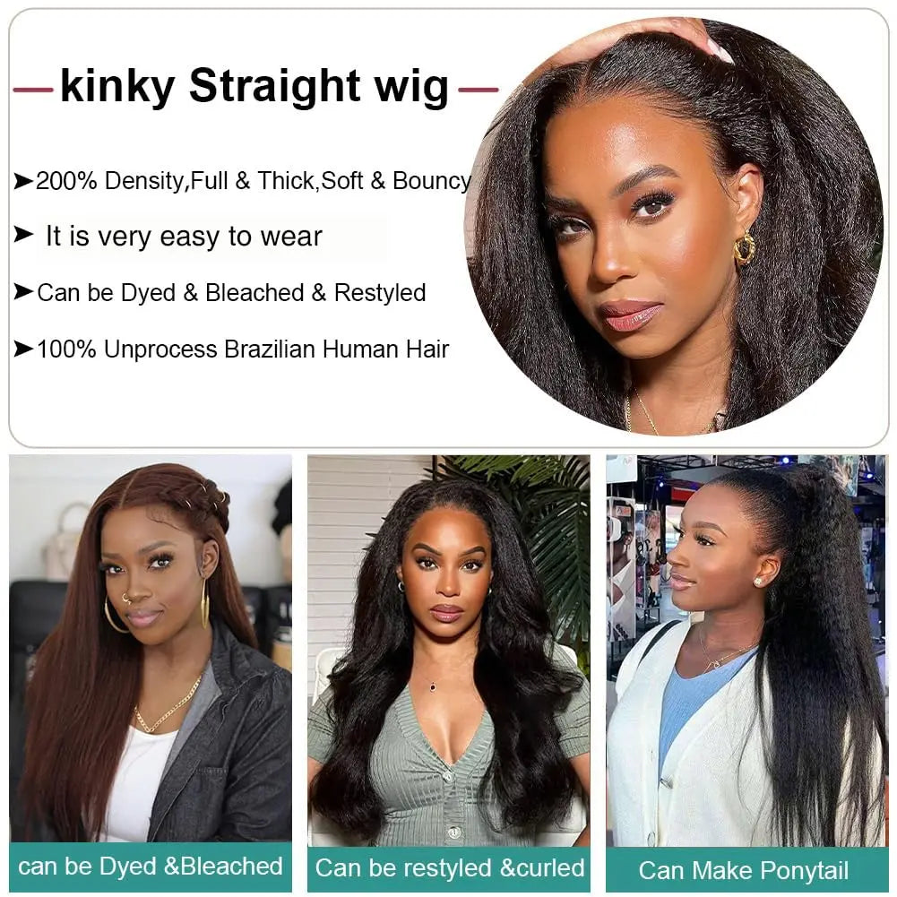 200% Density V Part Wig Kinky Straight Human Hair Wig Natural Black Kinky Straight V Part Wig Human Hair For Black Women 30 Inch