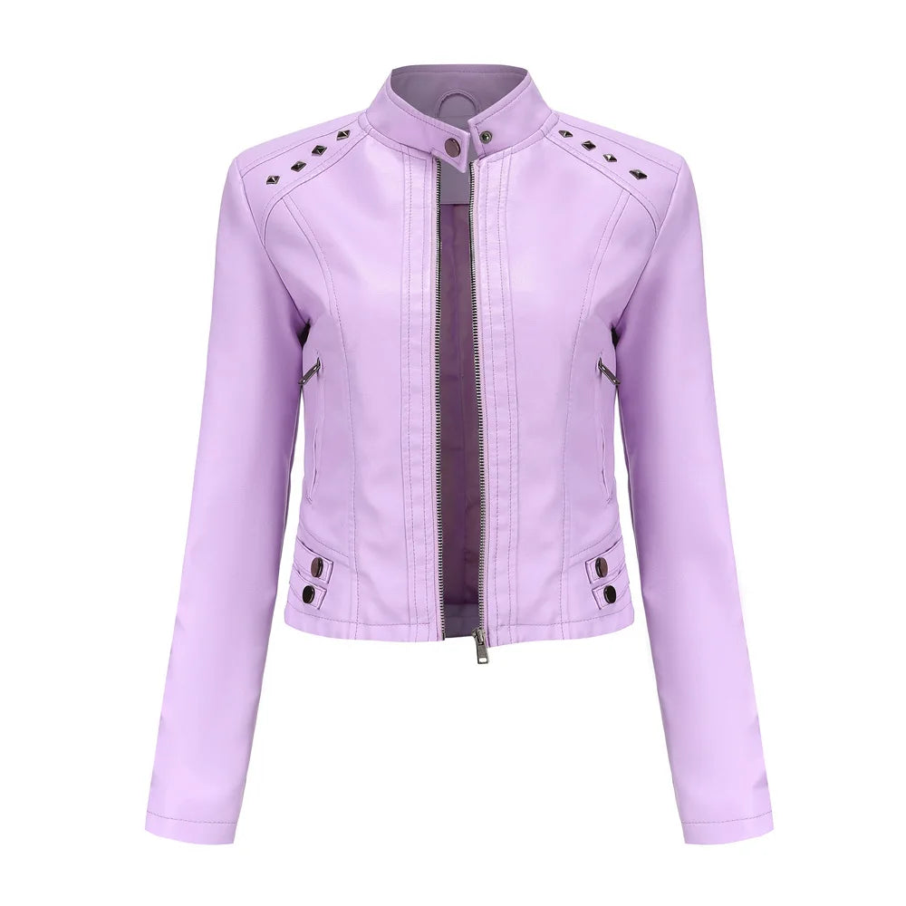 KIDCRKJ Spring Autumn Women's Leather Jacket Female Riveted Stand Collar Casual Coats Women's Motorcycle Jacket Women's Clothing