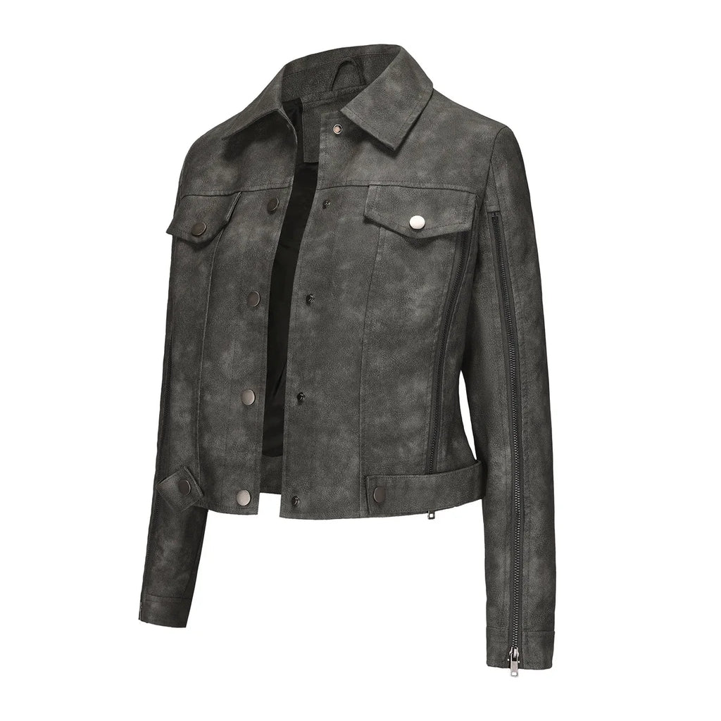 Fashion zipper motorcycle jacket long sleeved cardigan popular jacket spring and autumn thin leather jacket women's clothing